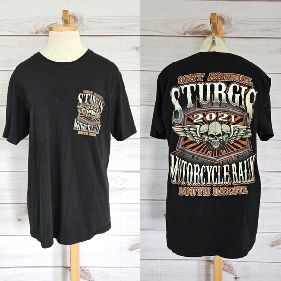 2021 Stugis South Dakota Motorcycle Rally Double Graphic Tee in Black Sz Large - Picture 1 of 7